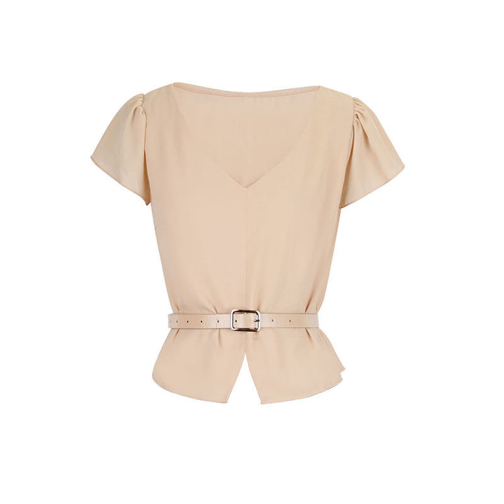 Dame bluse med belte i midjen og elegant V-hals Skjora