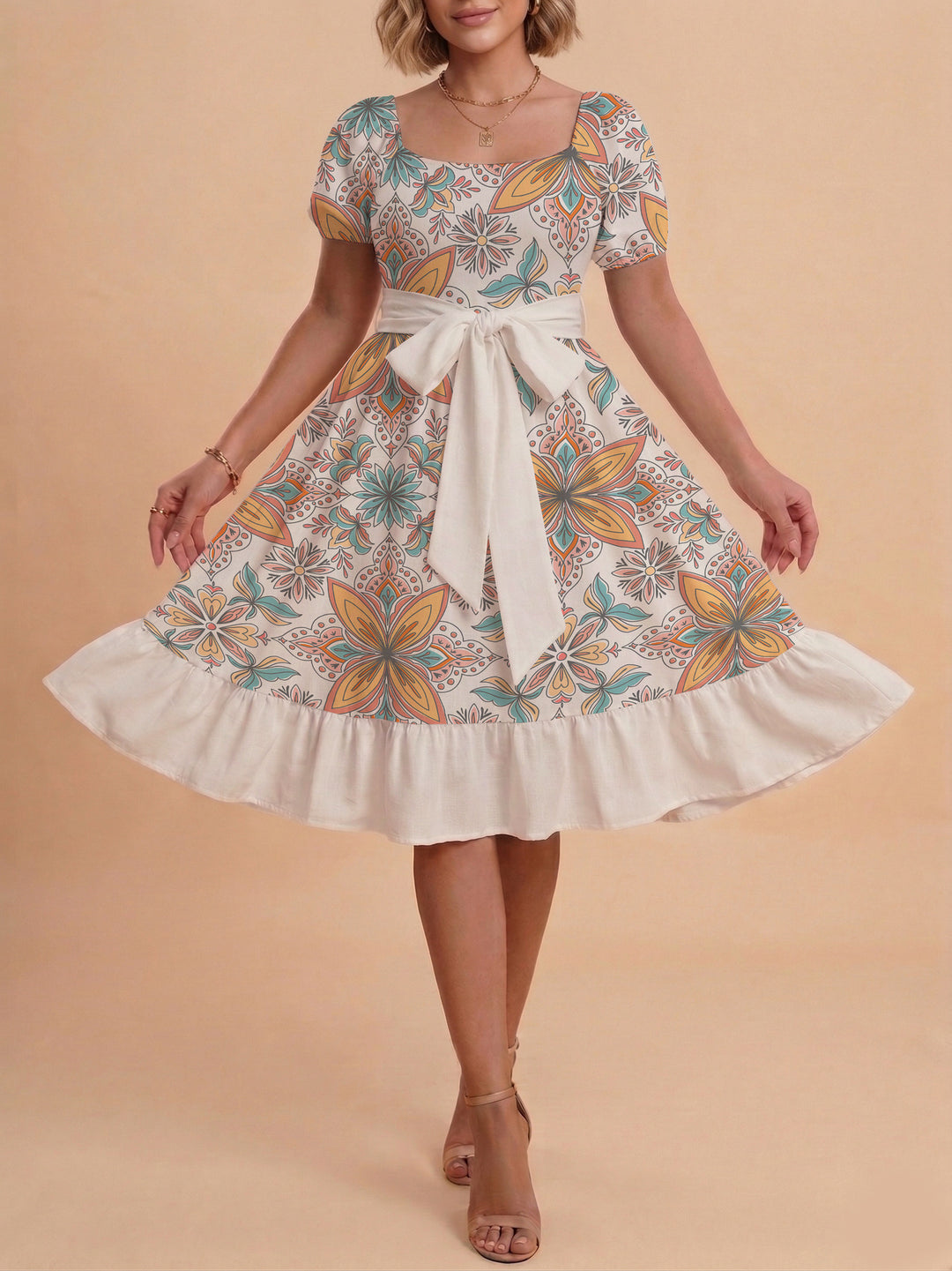 Damen modernes Blumenkleid mit elegantem Taillengürtel und asymmetrischem Saum Skjora