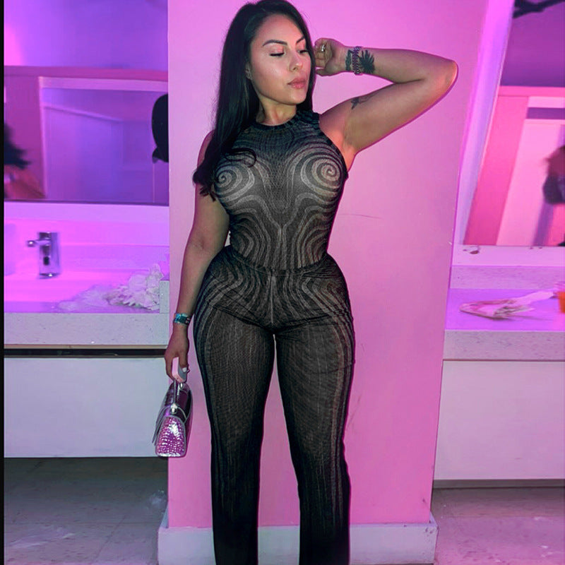 Dame Elegant Mesh Jumpsuit med Racerback og tettsittende silhuett Skjora
