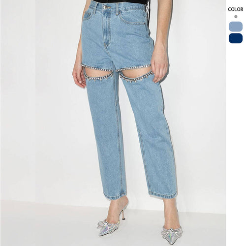 Damejeans med et ekstravagant utskårent design og glitrende utsmykninger