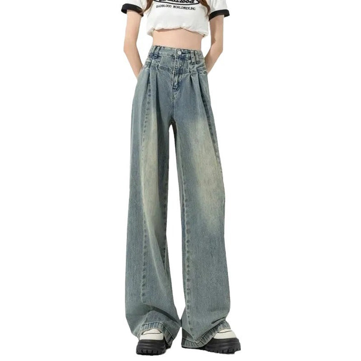 Kvinnes Høy Midje Løse Jeans med Piler
