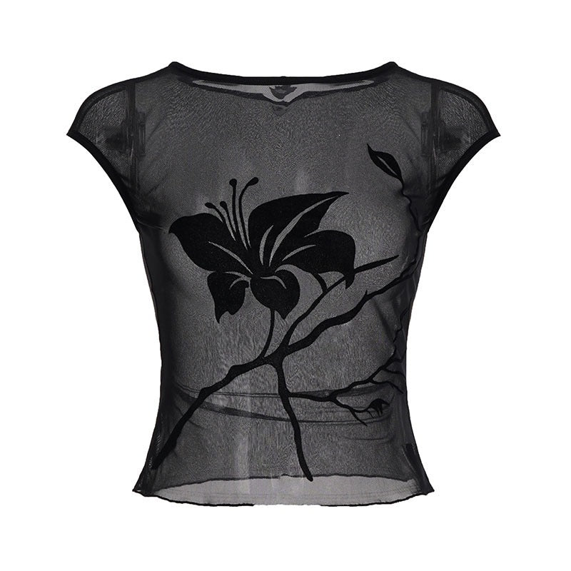 Damer gjennomsiktig mesh-bluse med blomstertrykk Skjora