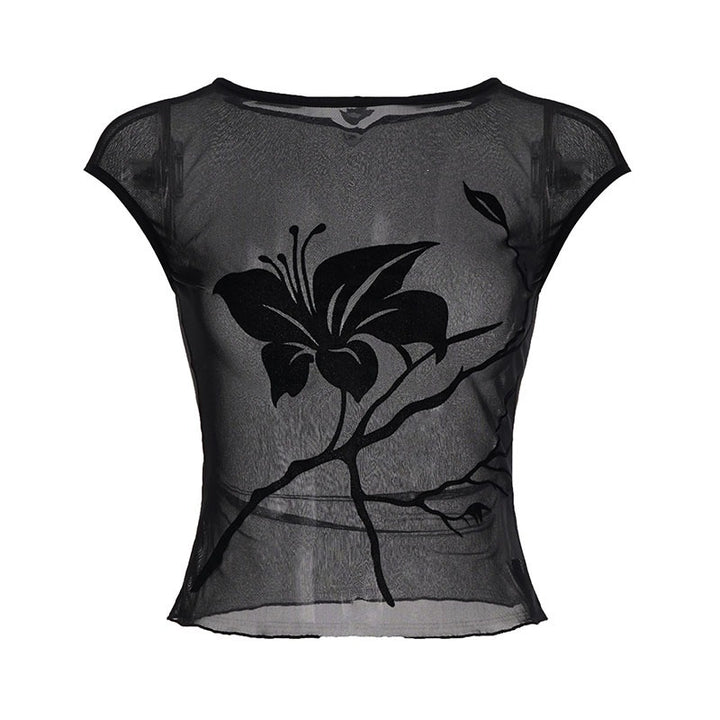 Damer gjennomsiktig mesh-bluse med blomstertrykk Skjora