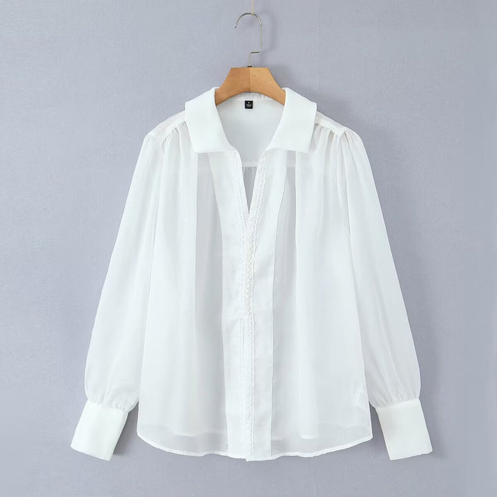 Dame elegant chiffonbluse med raffinerte puffærmer og edel krage Skjora