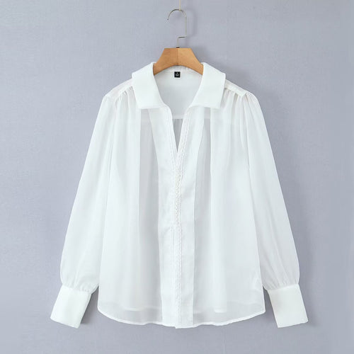 Dame elegant chiffonbluse med raffinerte puffærmer og edel krage Skjora