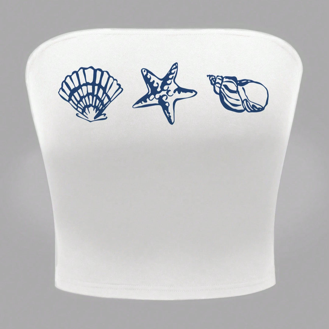 Dame Bandeau-top i maritimt design med skjellformede motiver Skjora