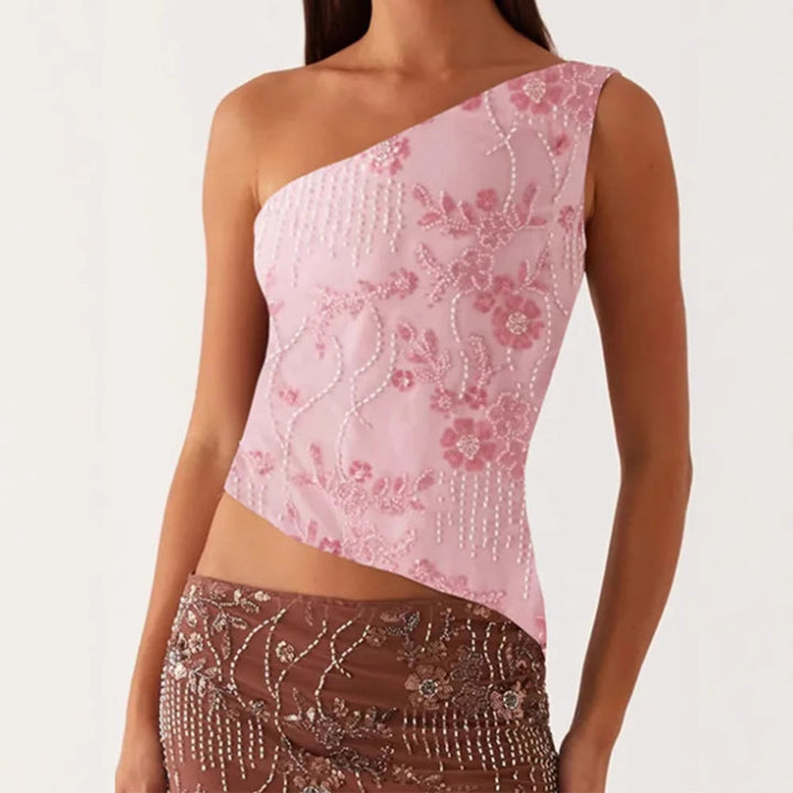 Kvinnes asymmetrisk topp med blomstret rhinestone-design Skjora