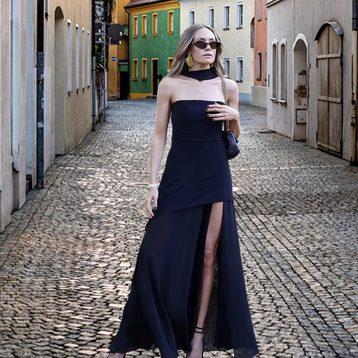 Dames Elegant Maxi Kjole med Asymmetrisk Snitt og Stilfull Splitt