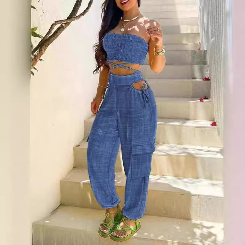 Dame Fasjonabel Todel bestående av Crop Top og Cargo-Bukse Skjora