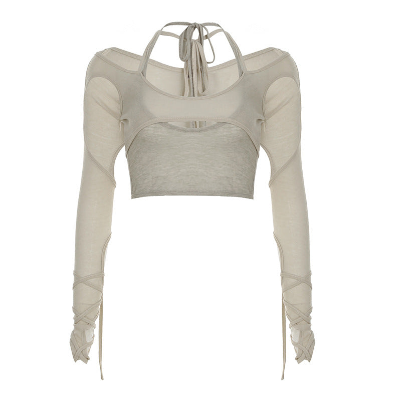 Dame Crop-Top med raffinerte volangdetaljer og langermet design Skjora