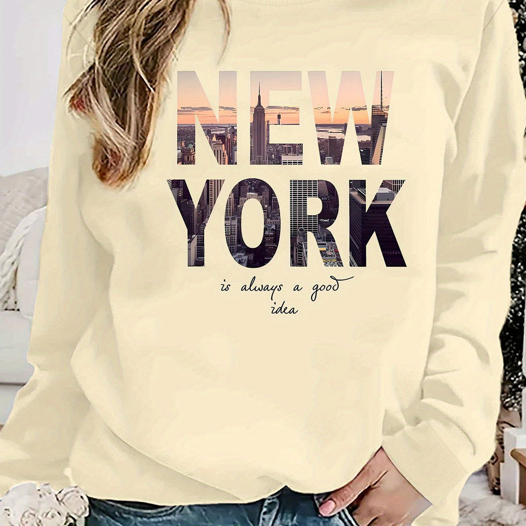 Kvinnenes sweatshirt med kreativ New York skyline print og komfortabel passform Skjora