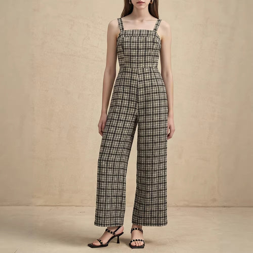 Dame jumpsuit med vide buksebein og fint rutemønster Skjora