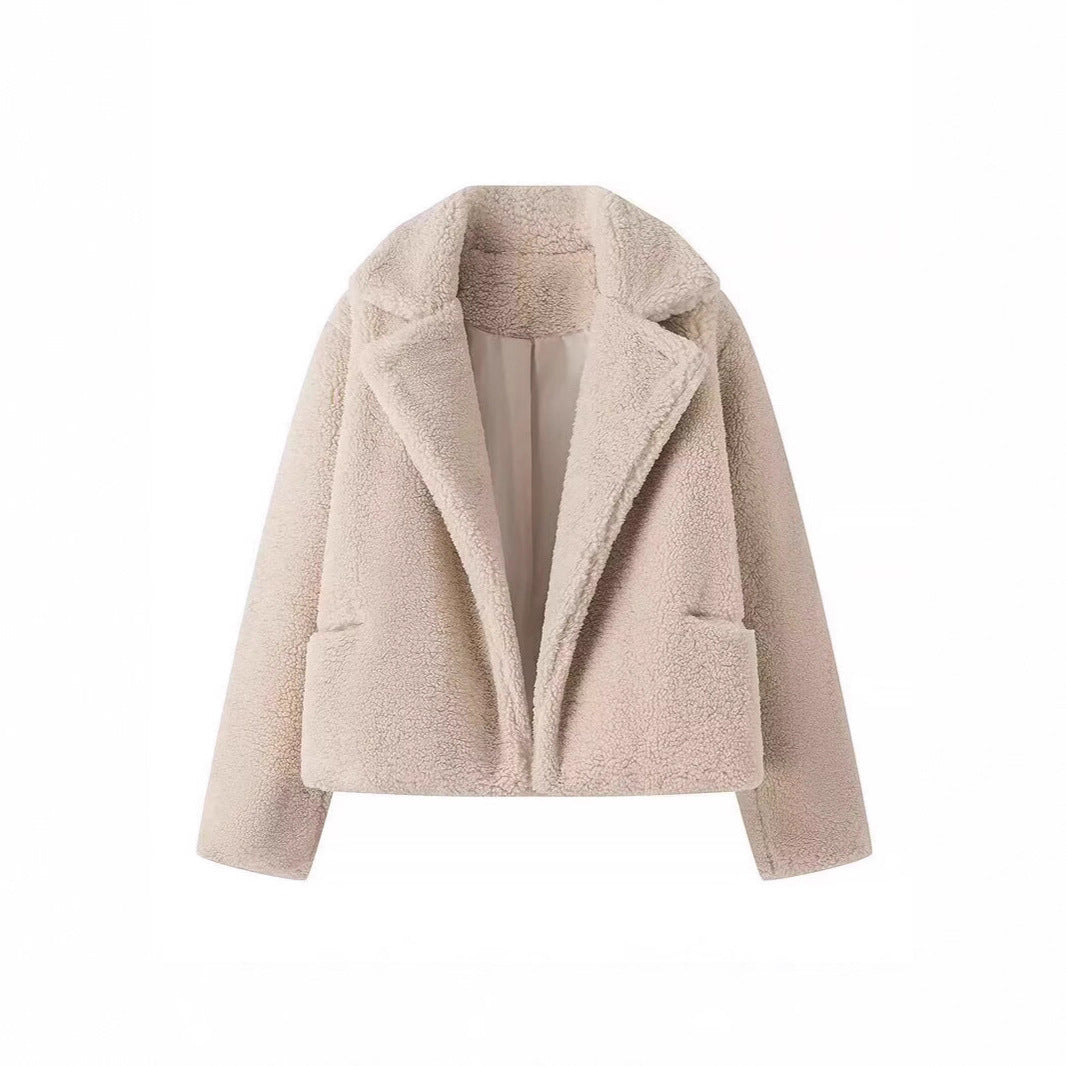 Damer Koselig Fleece Jakke med Elegante Klaffer og Praktiske Lommer Skjora