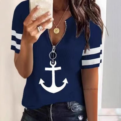 Dame Sporty T-skjorte med glidelås og maritime motiver Skjora
