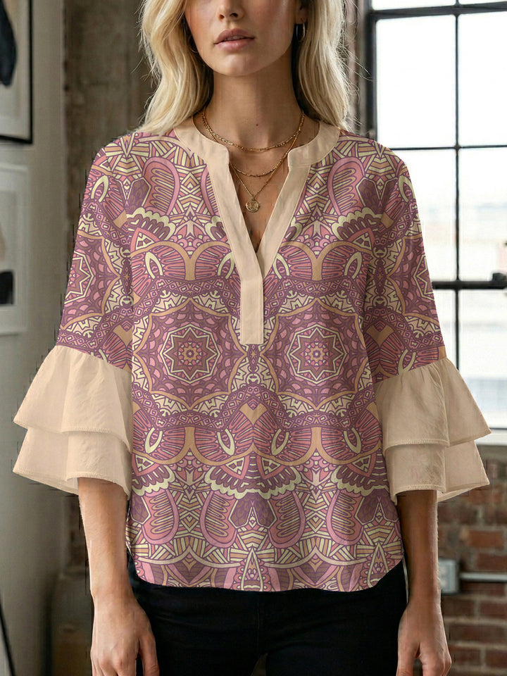 Damer elegant bluse skjorte med voluminøse rysjermer og grafisk blomsterdesign Skjora