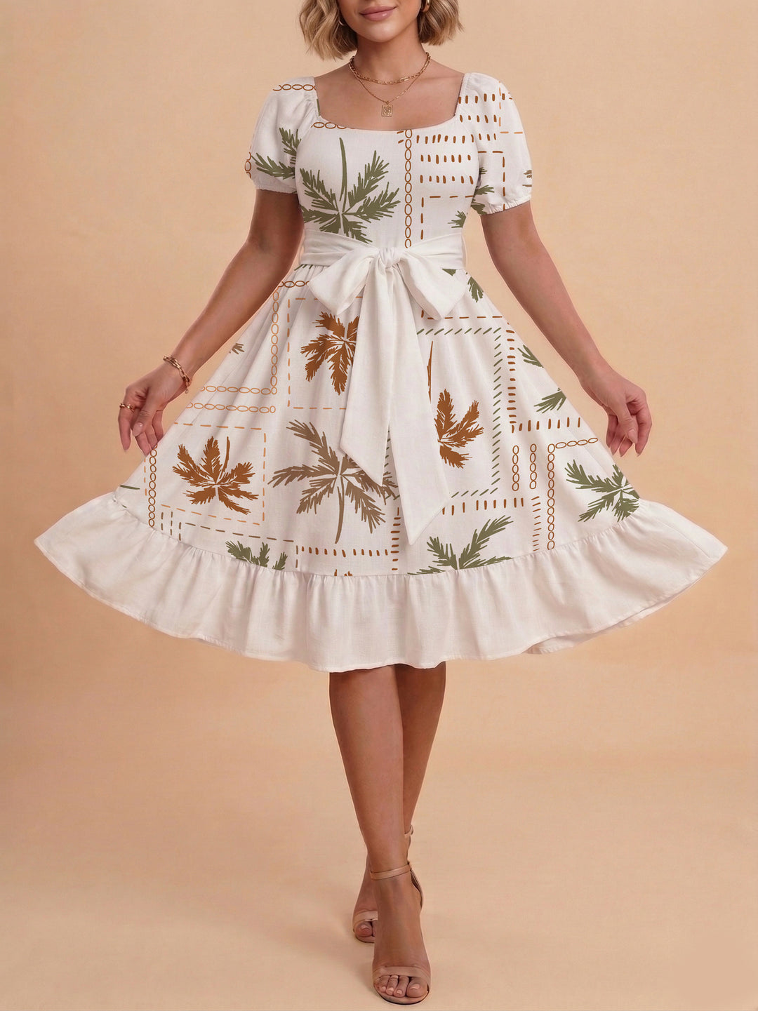 Damen Sommerliches Blumenkleid mit taillierbarem Gürtel und voluminösen Ärmeln Skjora