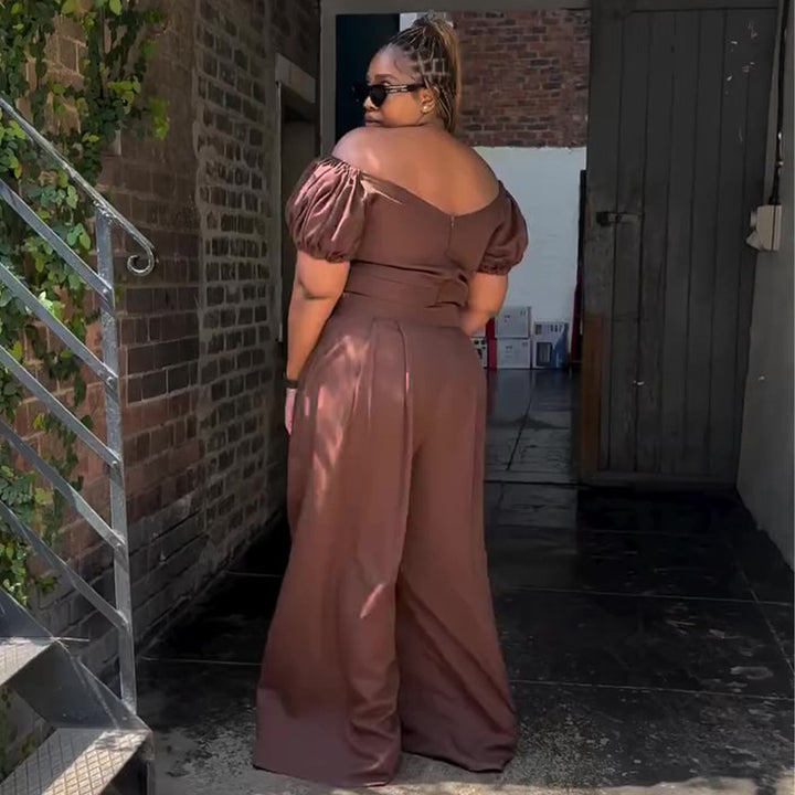 Dame Crop Top og Palazzo Bukser Sett med Voluminøse Ermer og Elegante Folder Skjora