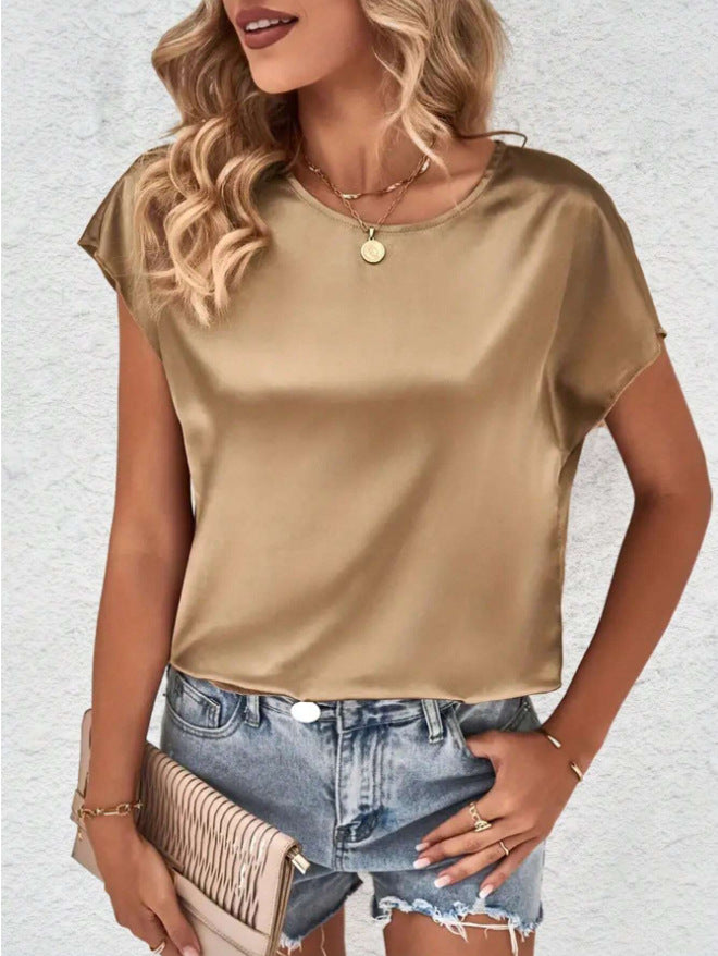 Damer Elegant Satin topp med avslappet snitt og korte ermer Skjora