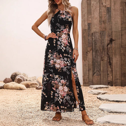 Dame maxikjole med elegante sidesplitter og blomsterdetaljer Skjora