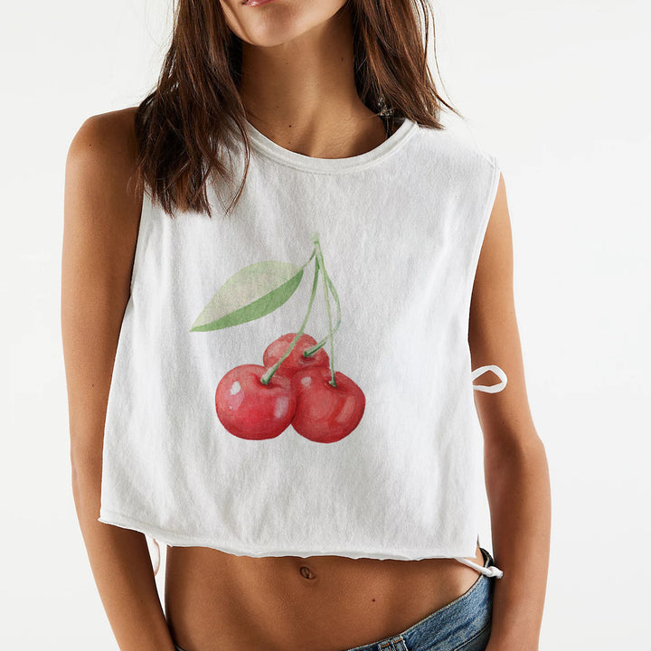 Dame crop topp med fruktig motiv og avslappet snitt Skjora