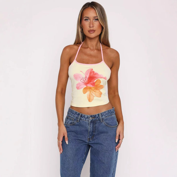 Dame Crop-Top med blomstertrykk og justerbare stropper Skjora