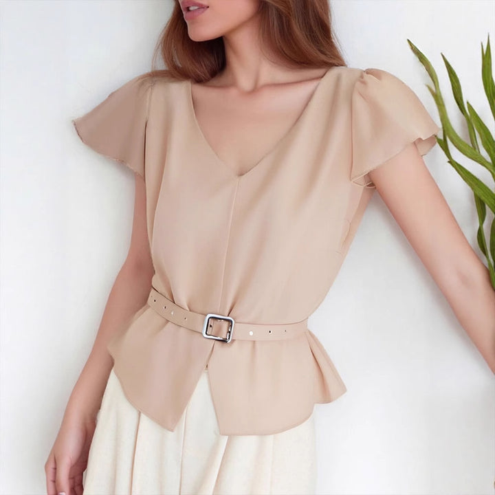 Dame bluse med belte i midjen og elegant V-hals Skjora
