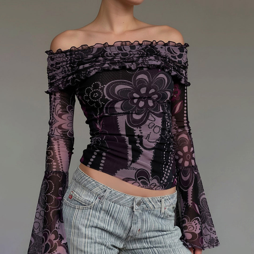 Dame Off-Shoulder topp med voluminøse ermer og blomsterdesign Skjora