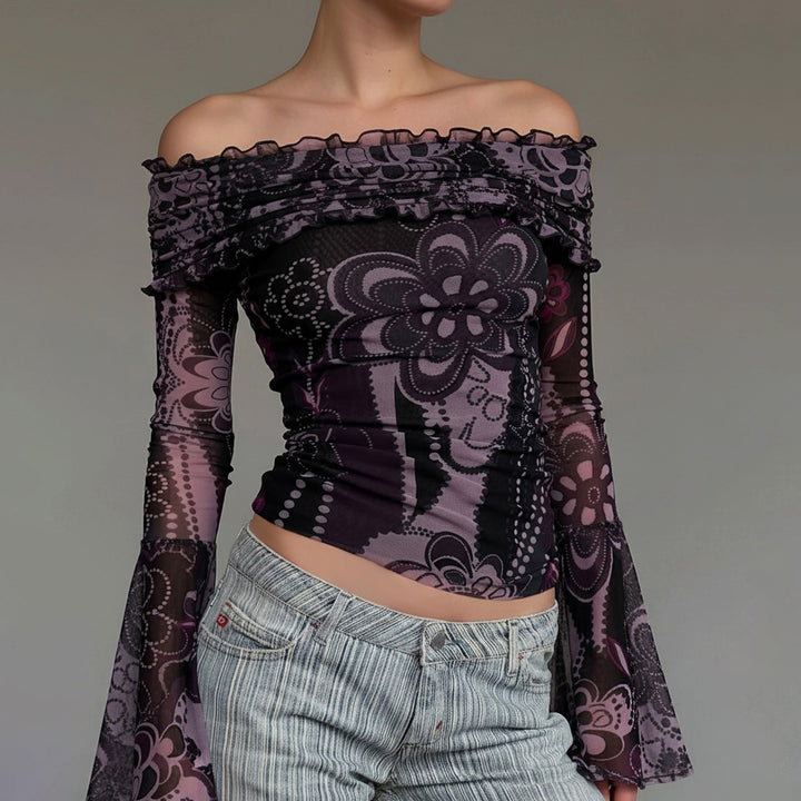 Dame Off-Shoulder topp med voluminøse ermer og blomsterdesign Skjora