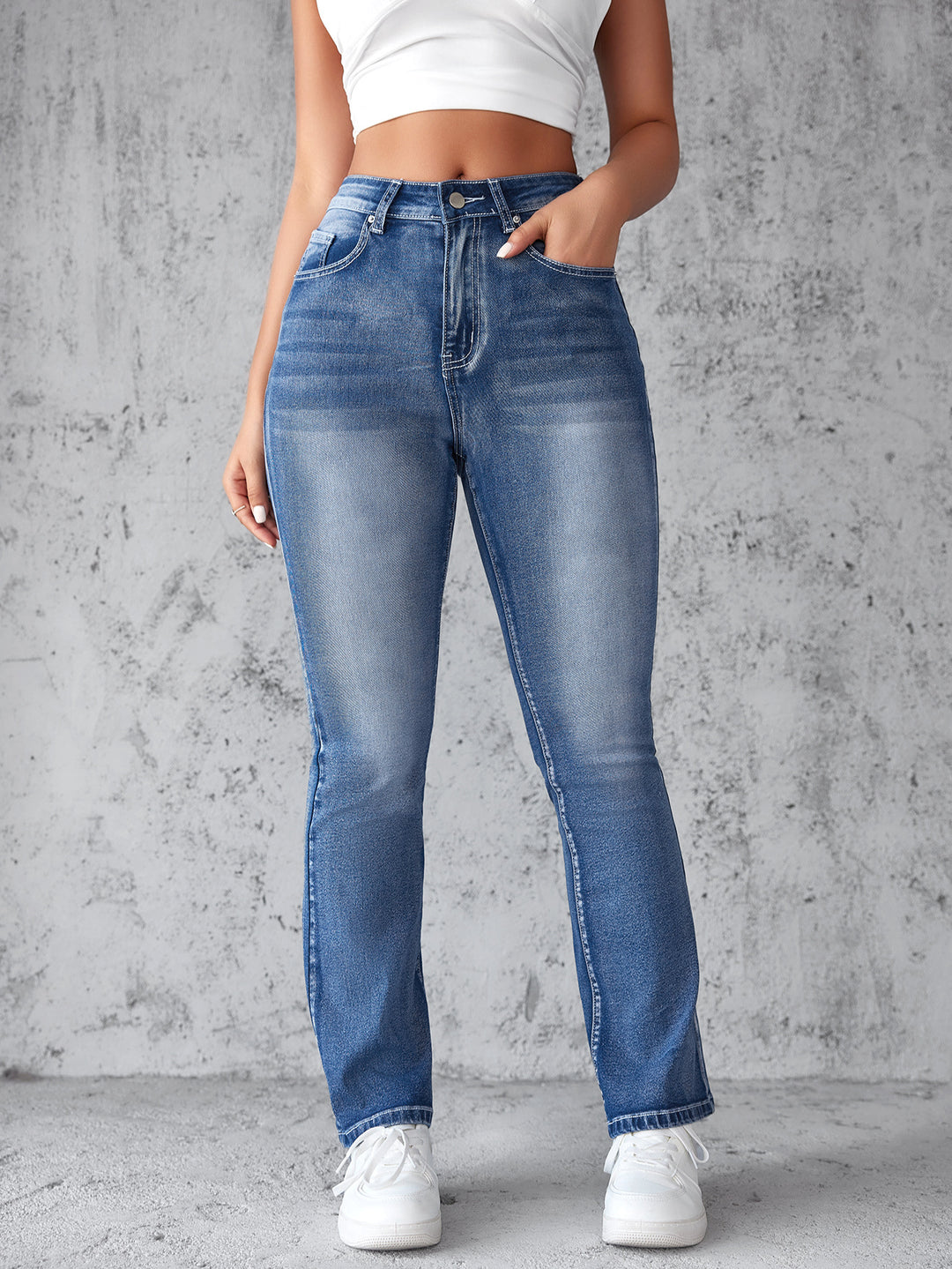 Kvinne Høyt Liv Stretch Jeans med Klippet Søm Skjora