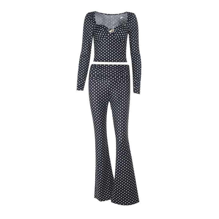 Damer figurnær jumpsuit med lange ermer og prikkete mønster Skjora