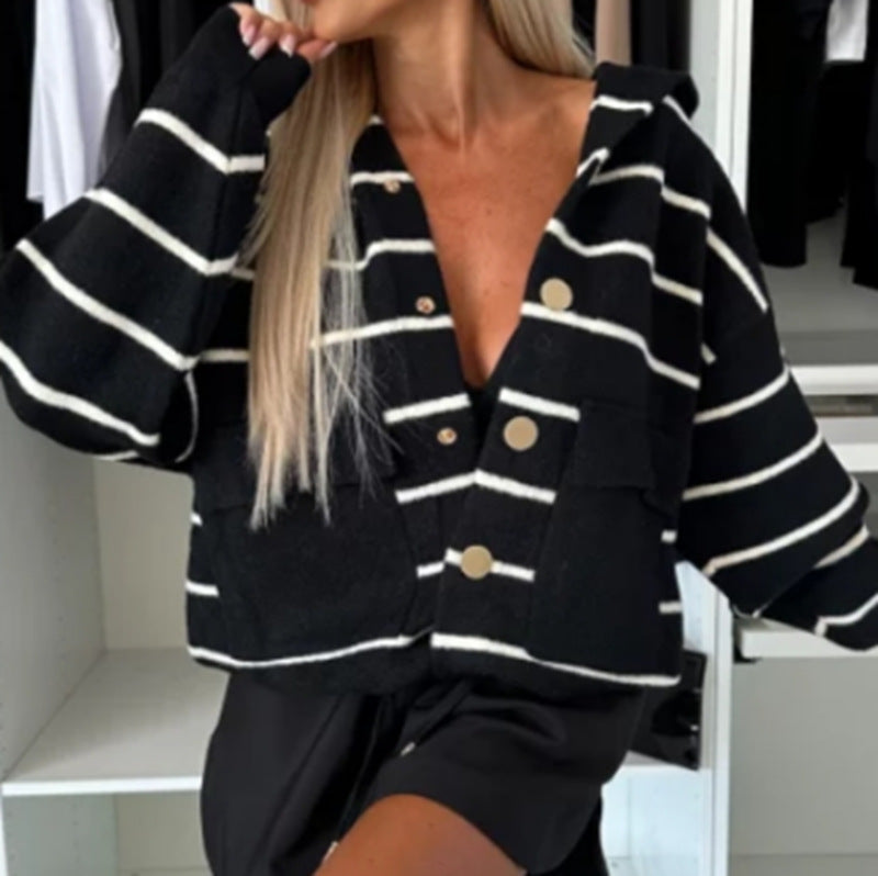 Damer Pluss Størrelse Cardigan med Bred Striper og Praktiske Lommer Skjora