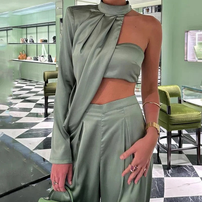 Damer Elegant To-delt Sett med asymmetrisk Overdel og vide Bukser Skjora