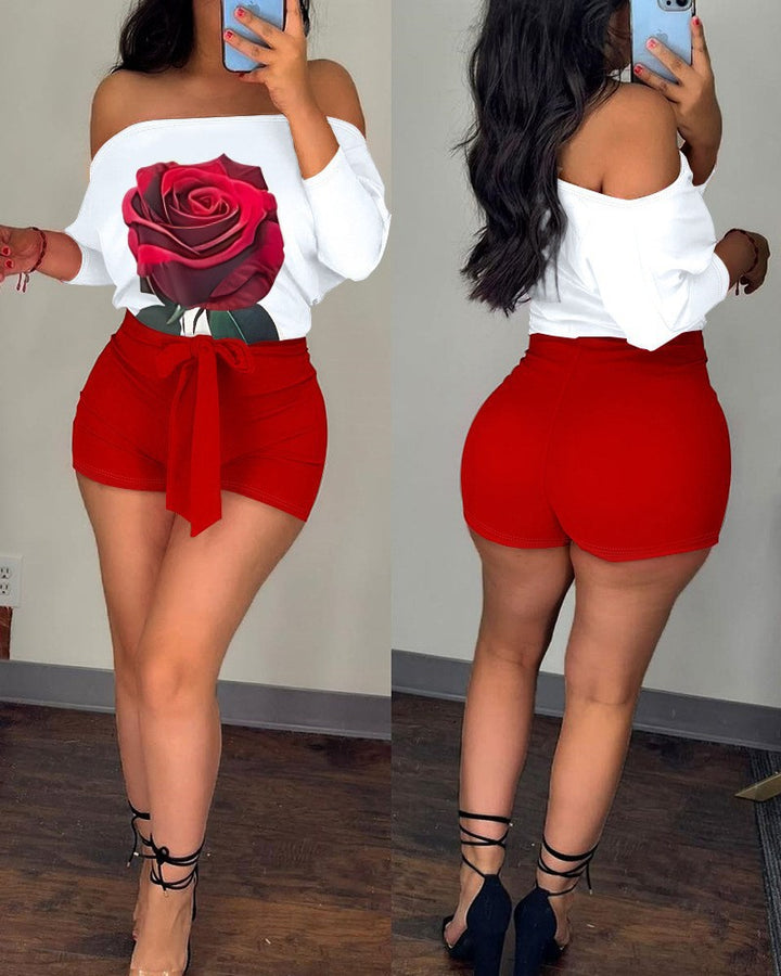 Dame Off-Shoulder Topp med blomster grafikk og stripete shorts Skjora