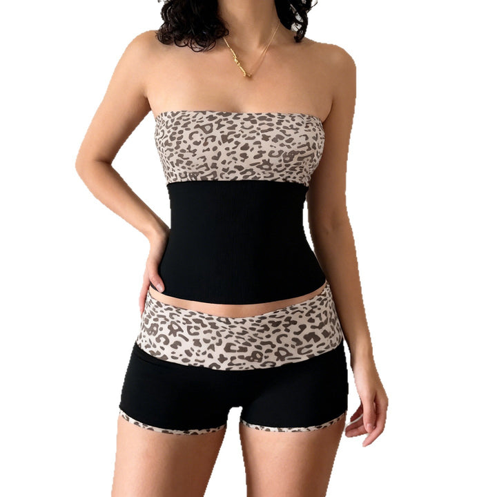 Dame sporty bikiniset med trendy leopardmønster og elastisk belte Skjora
