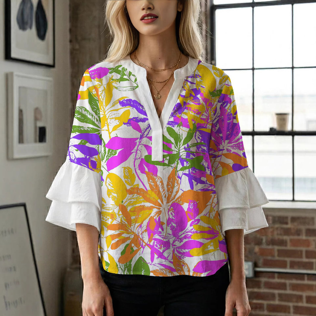 Dame bluse skjorte med voluminøse ermer og blomster mønster Skjora