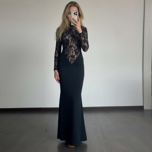 Damer Elegant Langermet Kjole i Blonder med Rynket Silhuett Skjora