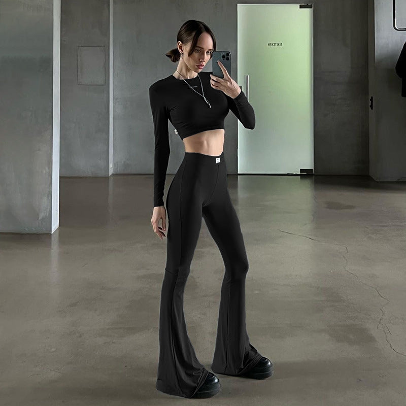 Dame Langerm Cropped Top og Flared Bukser Set Skjora