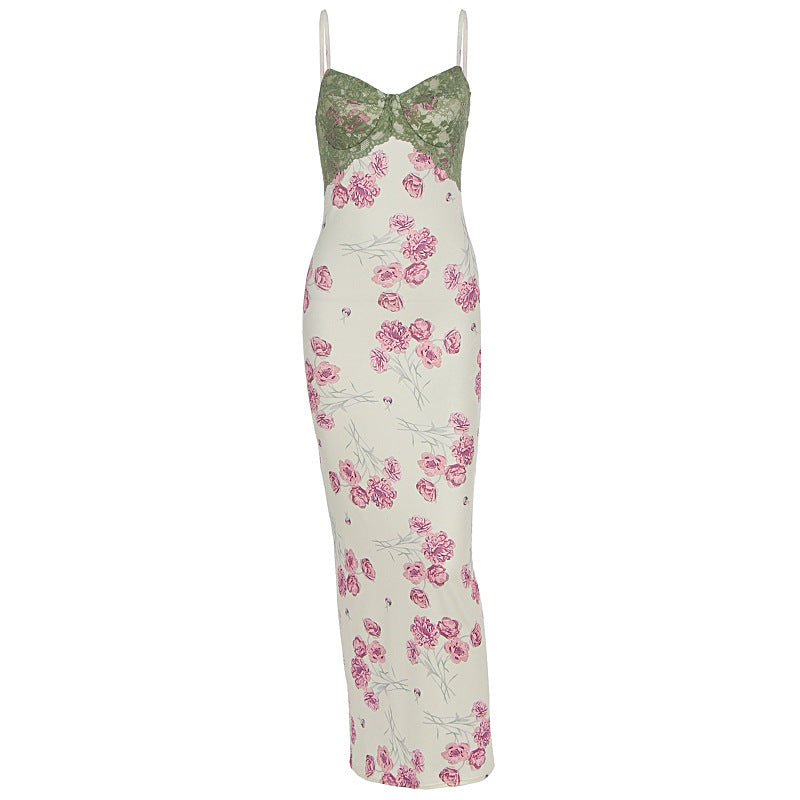 Dame kjole med floral design og transparente spissdetaljer Skjora