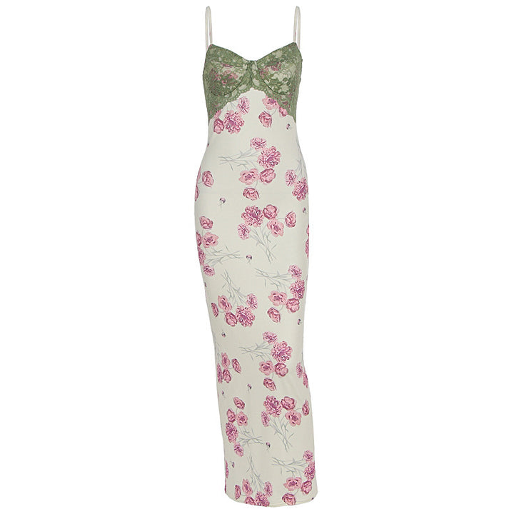 Dame kjole med floral design og transparente spissdetaljer Skjora