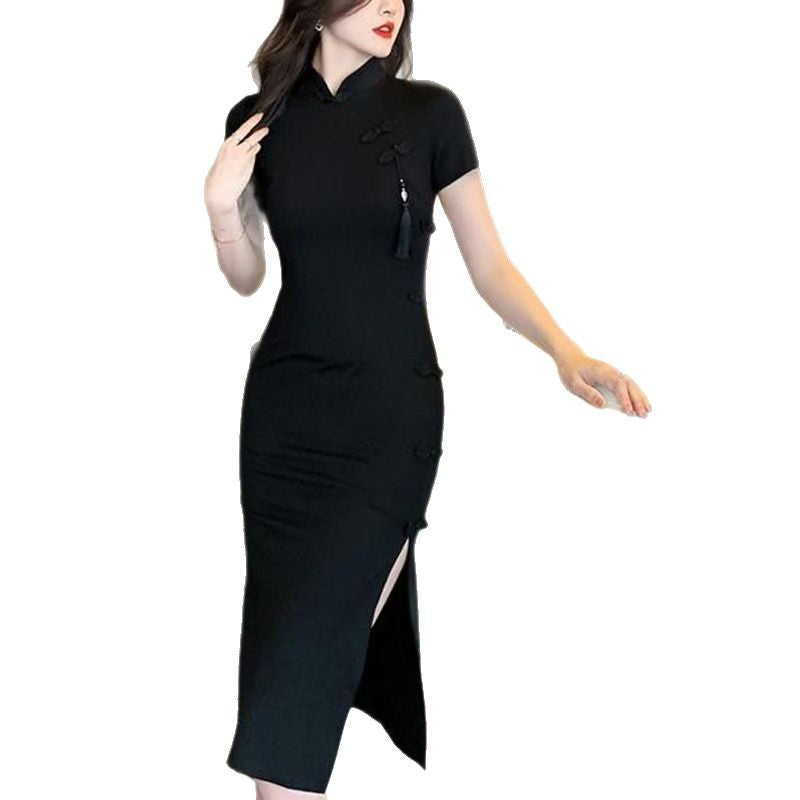 Damer elegant bodycon kjole med høy splitt og korte ermer Skjora