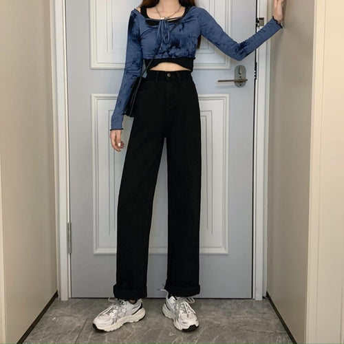 KVinners vide denim bukser med høy liv Skjora