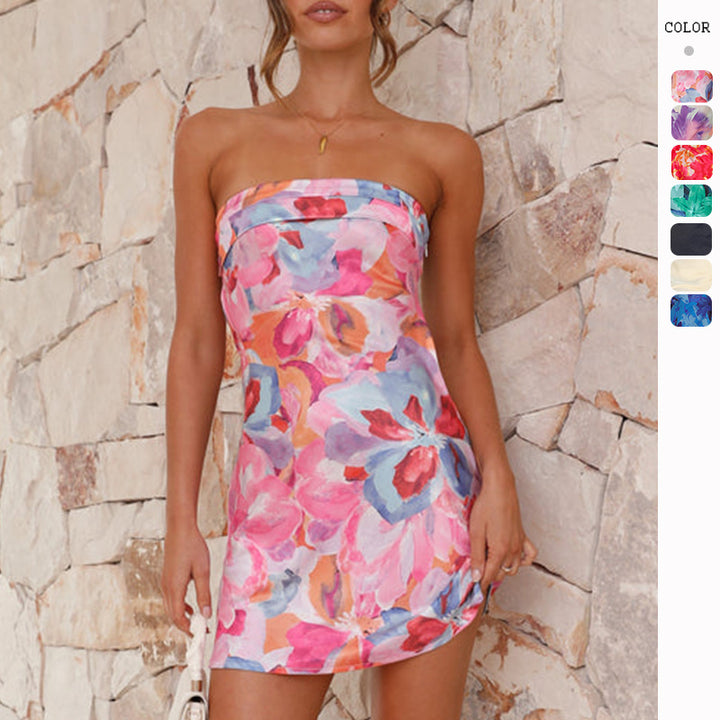 Dame flørtete mini kjole i bandeau stil med blomsterdetaljer og svingende hem