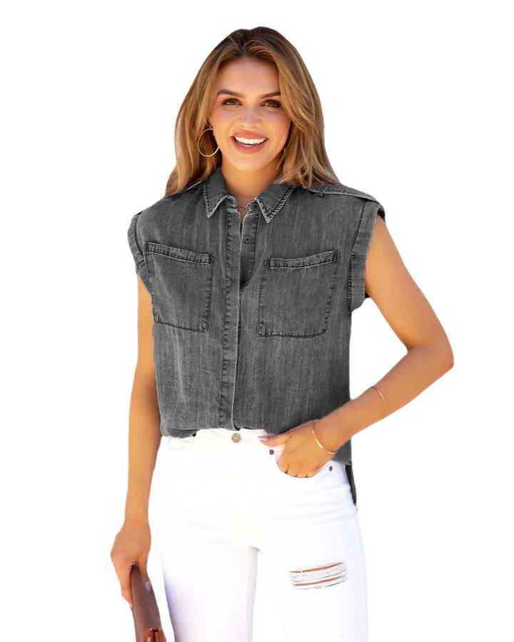 Kvinne kortermet skjorte bluse i denim-look med brystlommer Skjora