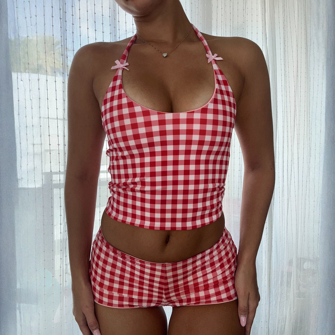 Dame badetøy-sett med rutete mønster og justerbare stropper Skjora