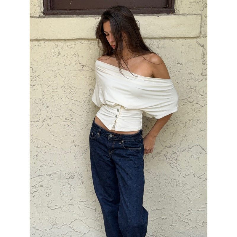Dame Off-Shoulder Overdel med knappdetaljer Skjora
