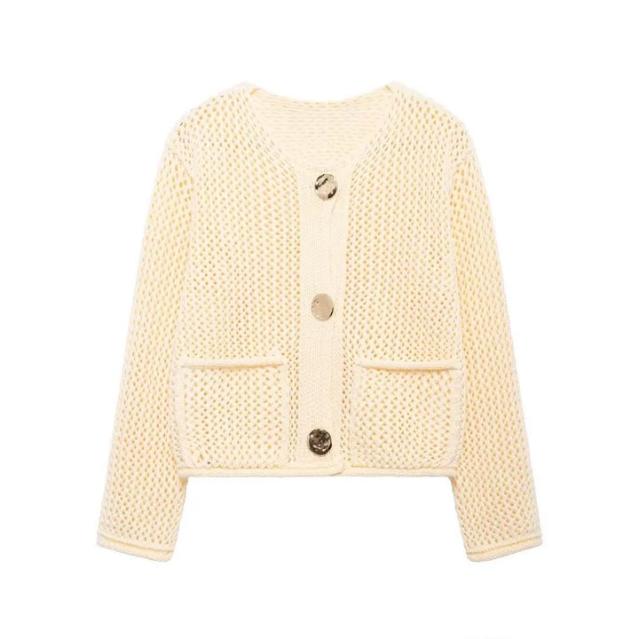 Damer mesh strikket cardigan med praktiske lommer og dekorative knapper Skjora