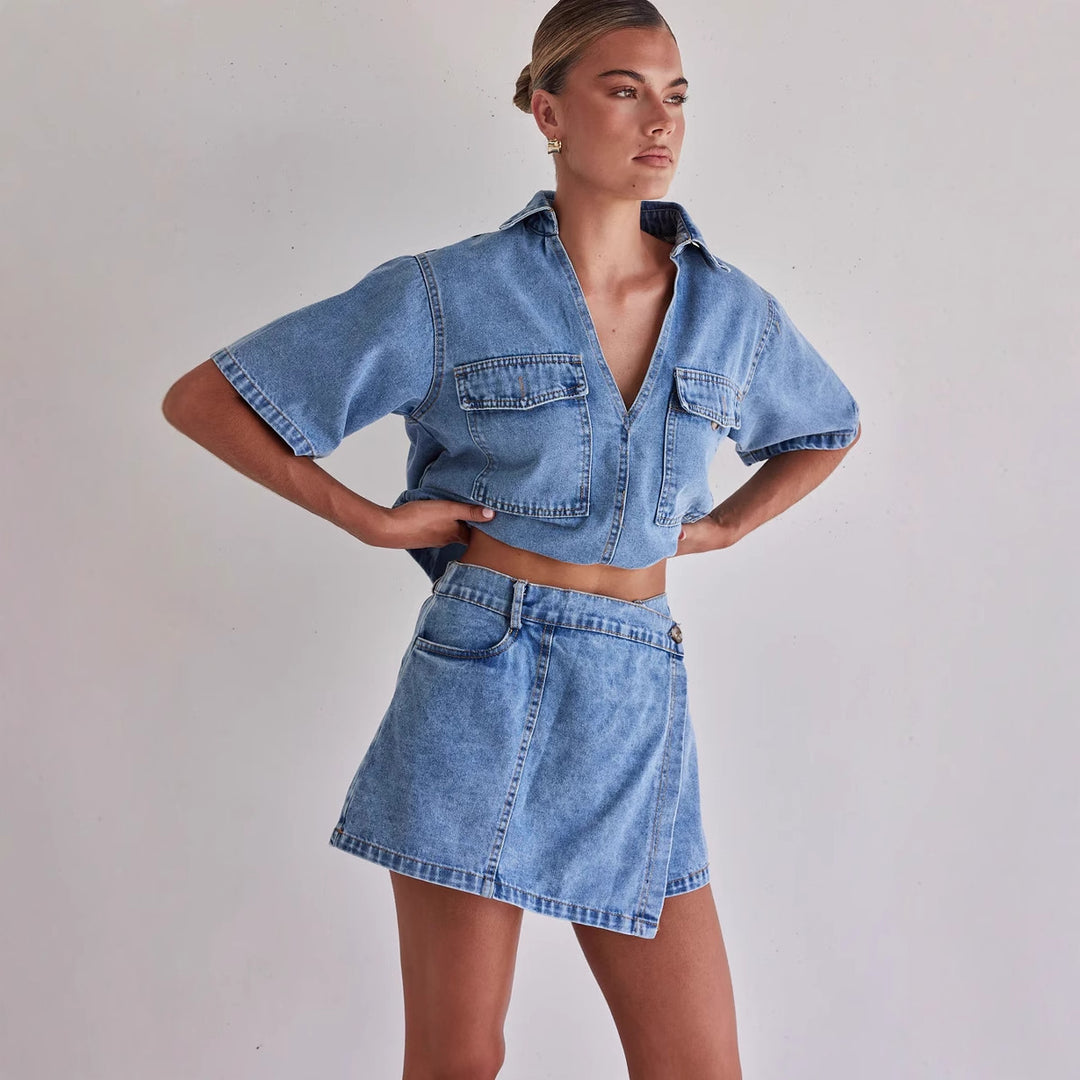 Damer denim-kort jakke med matchende skjørt i avslappet stil Skjora