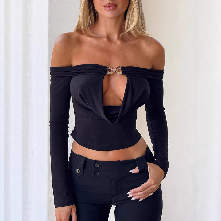 Damer off-shoulder bluse med dekorativ utringning og lange ermer Skjora