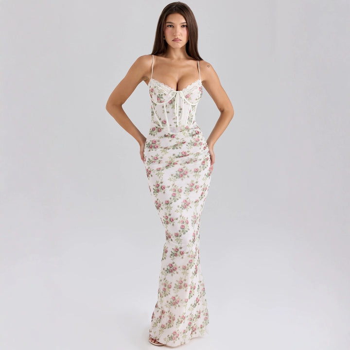 Damer Elegant Maxi Kjole med Blonde Korsett og Blomstertrykk Skjora