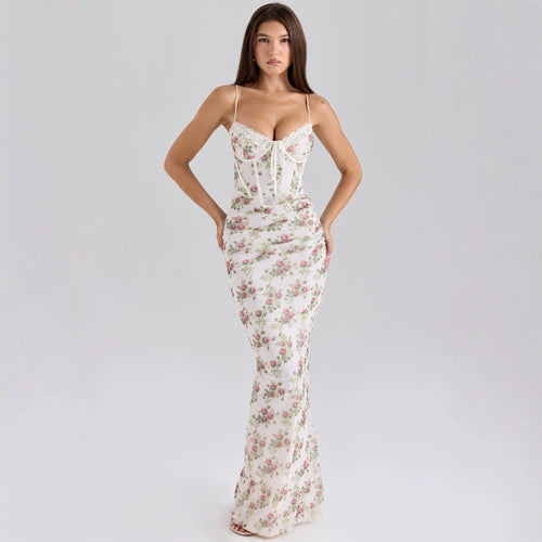 Damer Elegant Maxi Kjole med Blonde Korsett og Blomstertrykk Skjora